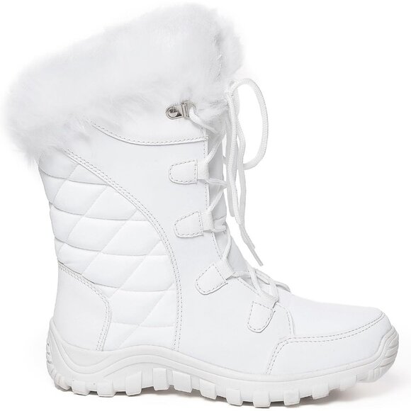 Womens White Quilted Faux Fur Cuff Winter Duck Boots with Rubber Sole - Picture 3 of 4